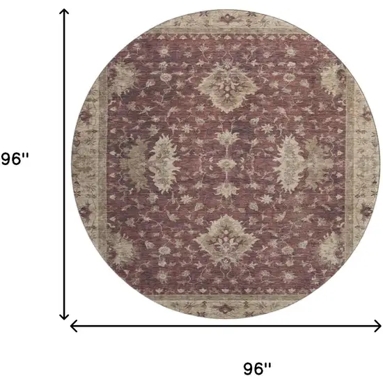 8' Burgundy And Beige Oriental Washable Round Rug With UV Protection Photo 9