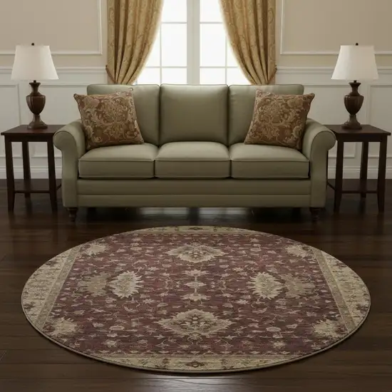 8' Burgundy And Beige Oriental Washable Round Rug With UV Protection Photo 2