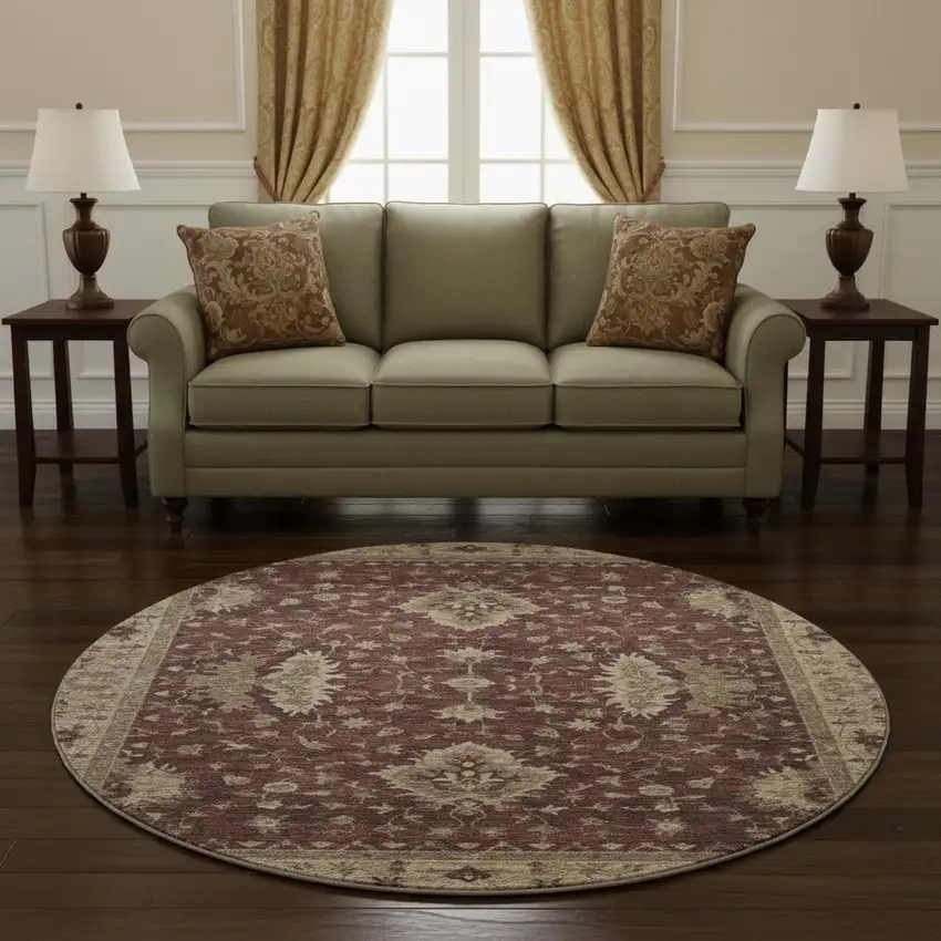 8' Burgundy And Beige Oriental Washable Round Rug With UV Protection Photo 2