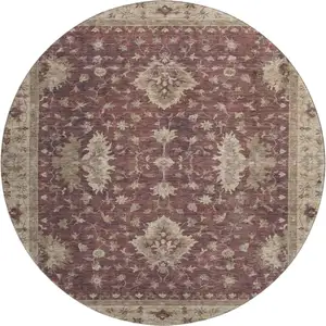 Photo of 8' Burgundy And Beige Oriental Washable Round Rug With UV Protection