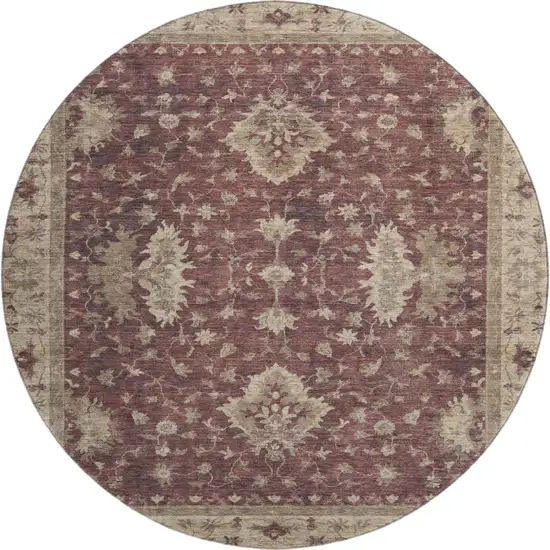 8' Burgundy And Beige Oriental Washable Round Rug With UV Protection Photo 1