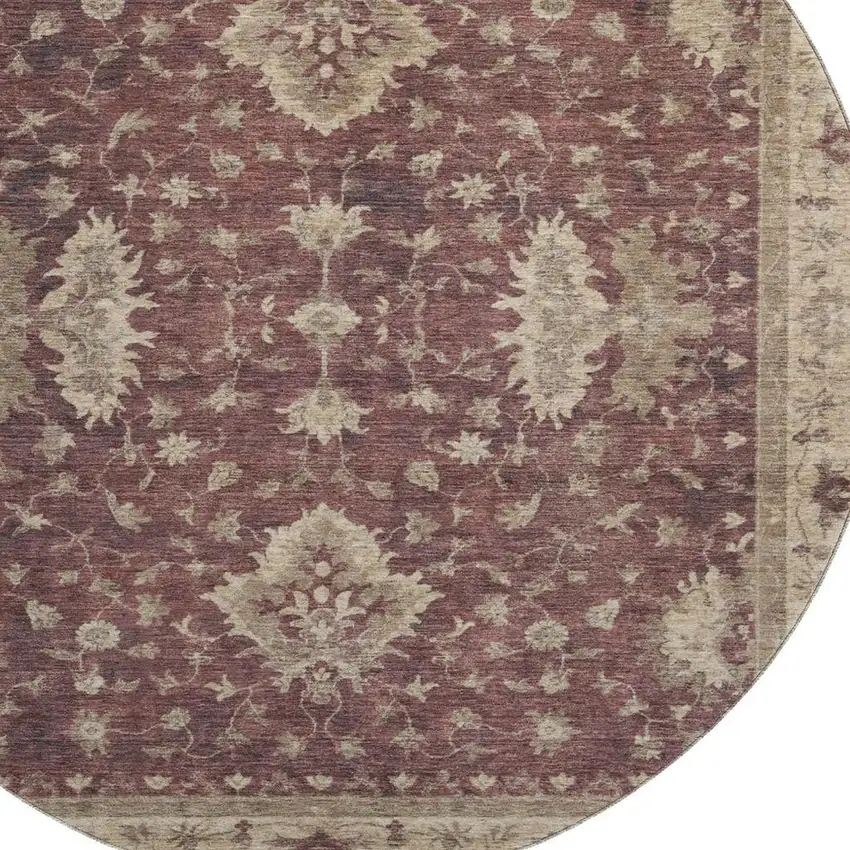 8' Burgundy And Beige Oriental Washable Round Rug With UV Protection Photo 2