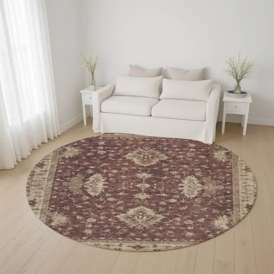 8' Burgundy And Beige Oriental Washable Round Rug With UV Protection Photo 4