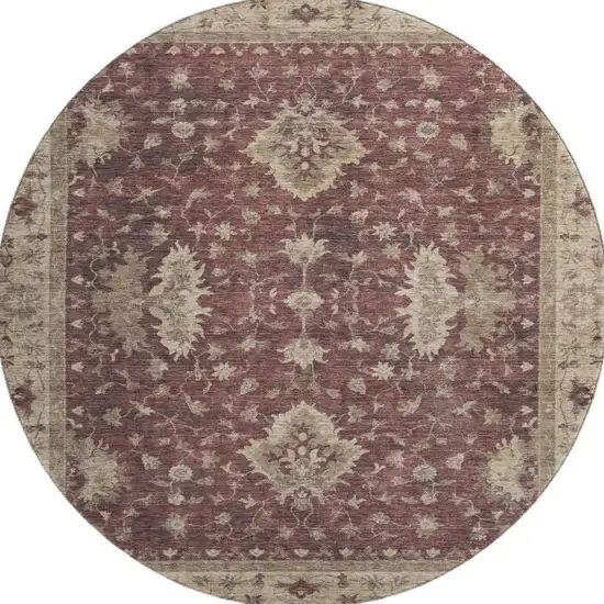 8' Burgundy And Beige Oriental Washable Round Rug With UV Protection Photo 3