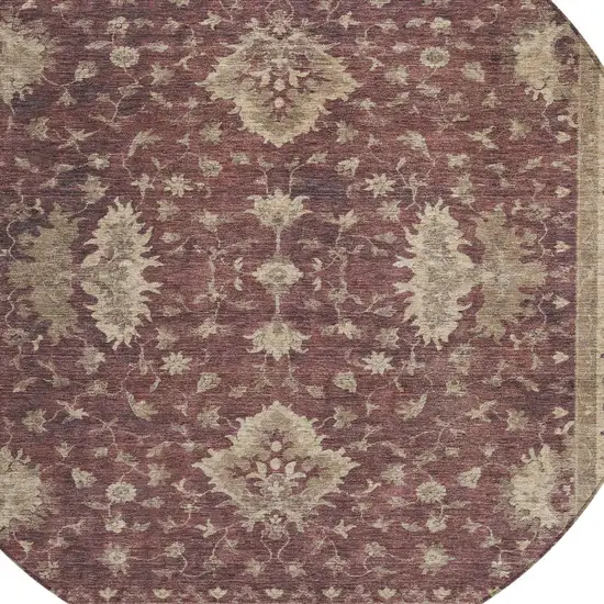 8' Burgundy And Beige Round Floral Washable Indoor Outdoor Area Rug Photo 8