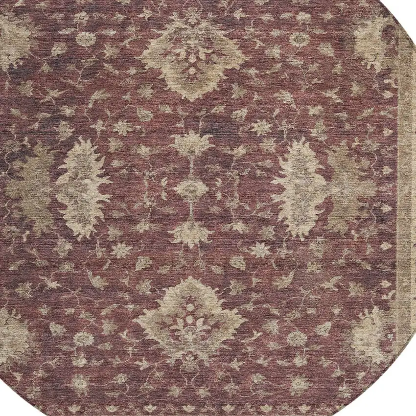 8' Burgundy And Beige Round Floral Washable Indoor Outdoor Area Rug Photo 8