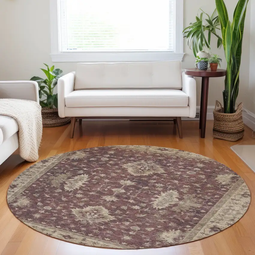 8' Burgundy And Beige Round Floral Washable Indoor Outdoor Area Rug Photo 6