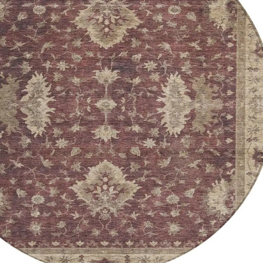 8' Burgundy And Beige Round Floral Washable Indoor Outdoor Area Rug Photo 4