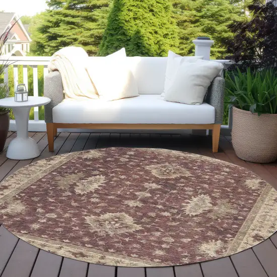 8' Burgundy And Beige Round Floral Washable Indoor Outdoor Area Rug Photo 5