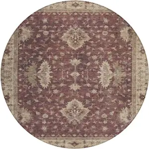 Photo of 8' Burgundy And Beige Round Floral Washable Indoor Outdoor Area Rug