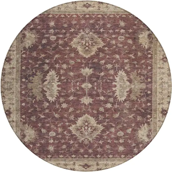 8' Burgundy And Beige Round Floral Washable Indoor Outdoor Area Rug Photo 1