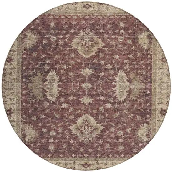8' Burgundy And Beige Round Floral Washable Indoor Outdoor Area Rug Photo 3