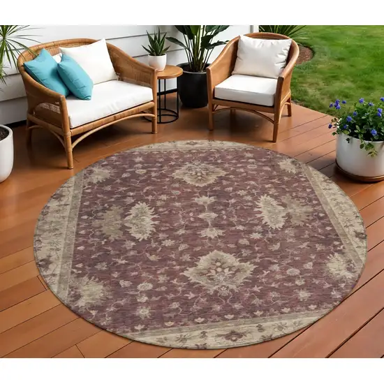 8' Burgundy And Beige Round Floral Washable Indoor Outdoor Area Rug Photo 2