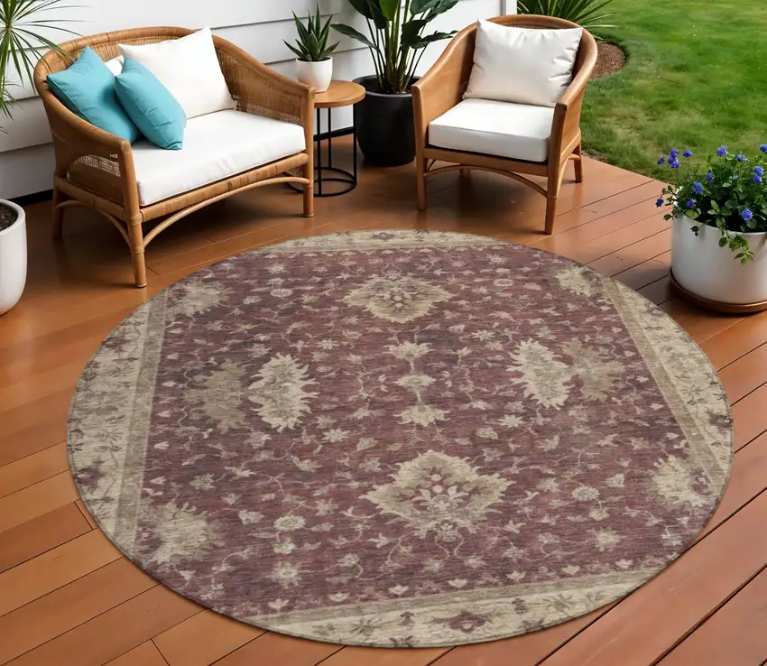 8' Burgundy And Beige Round Floral Washable Indoor Outdoor Area Rug Photo 2