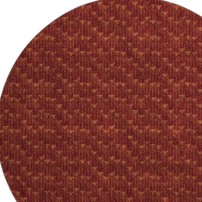 8' Burgundy And Brown Geometric Washable Round Rug With UV Protection Photo 3