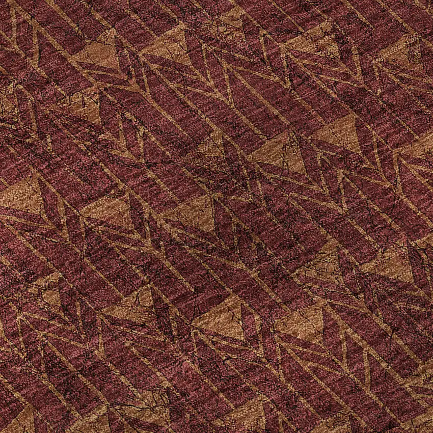 8' Burgundy And Brown Geometric Washable Round Rug With UV Protection Photo 9