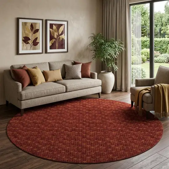8' Burgundy And Brown Geometric Washable Round Rug With UV Protection Photo 1