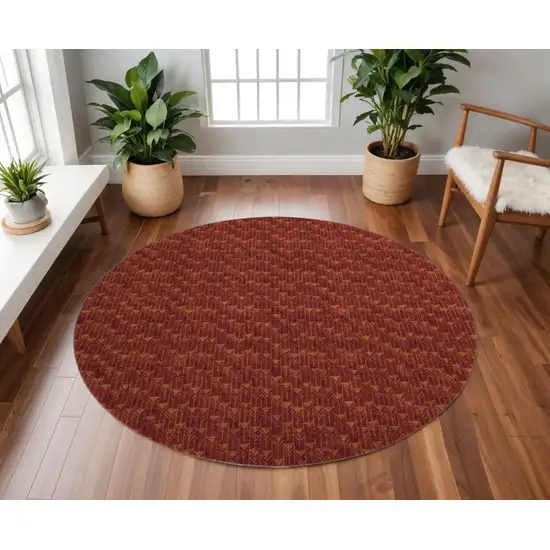 8' Burgundy And Brown Geometric Washable Round Rug With UV Protection Photo 2