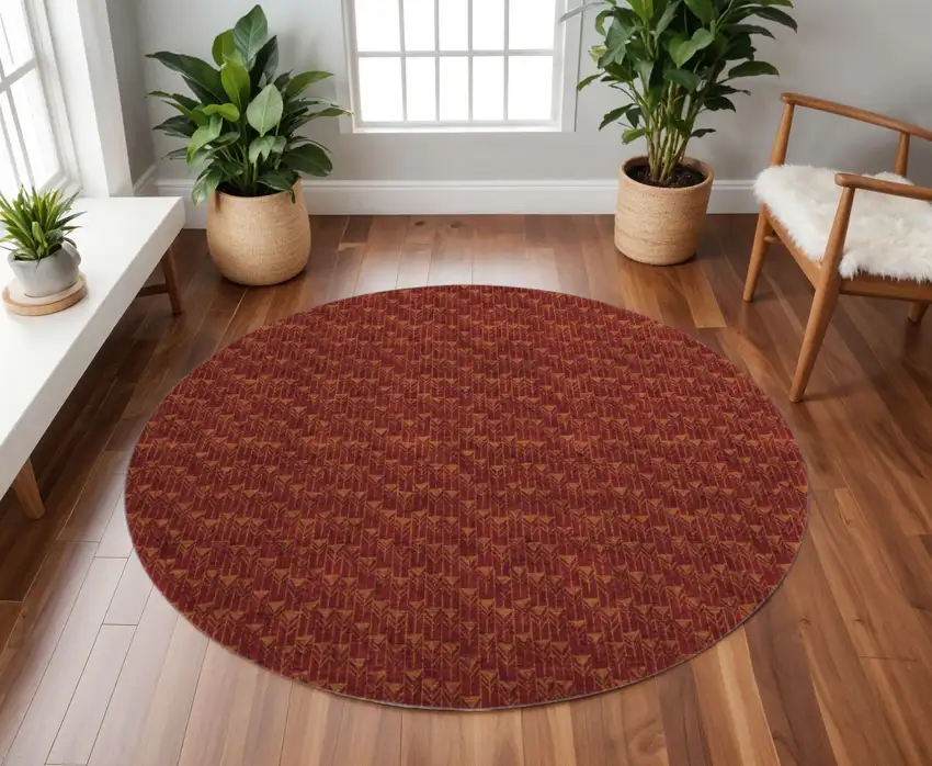 8' Burgundy And Brown Geometric Washable Round Rug With UV Protection Photo 2