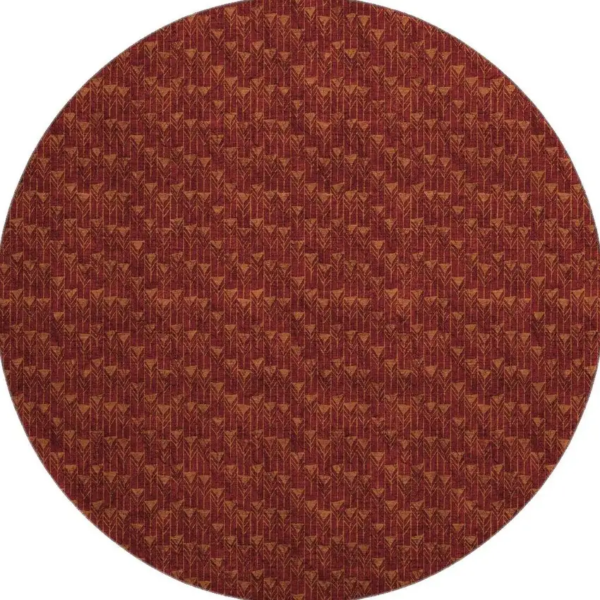 8' Burgundy And Brown Geometric Washable Round Rug With UV Protection Photo 4