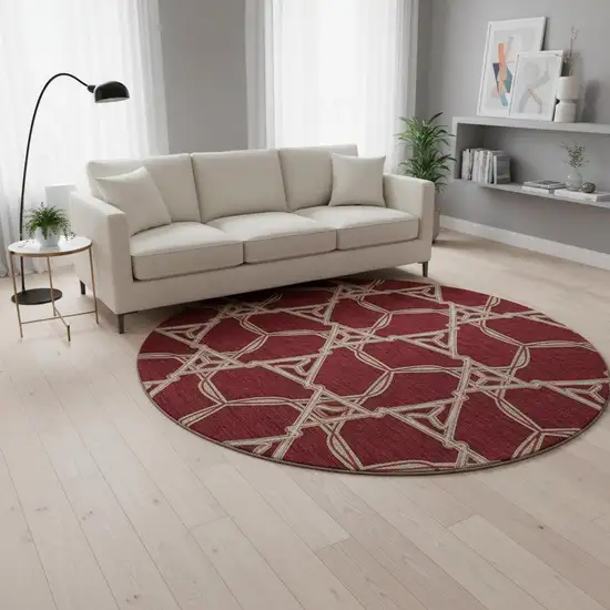8' Burgundy And Gray Geometric Washable Round Rug With UV Protection Photo 2