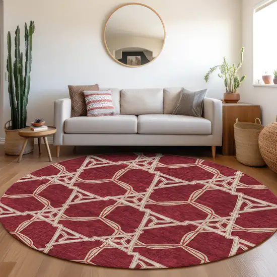 8' Burgundy And Gray Geometric Washable Round Rug With UV Protection Photo 3
