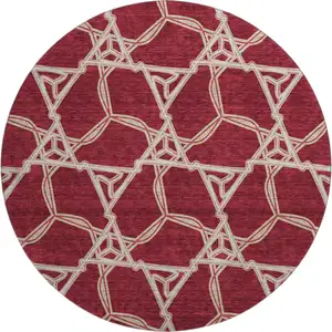 Photo of 8' Burgundy And Gray Geometric Washable Round Rug With UV Protection