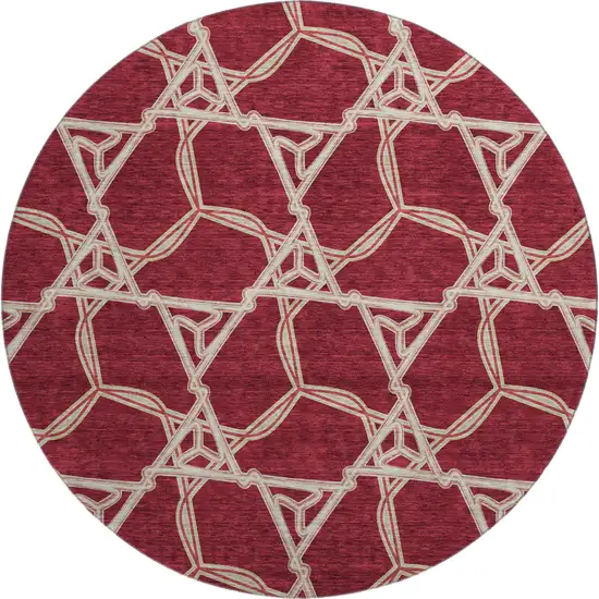 8' Burgundy And Gray Geometric Washable Round Rug With UV Protection Photo 1