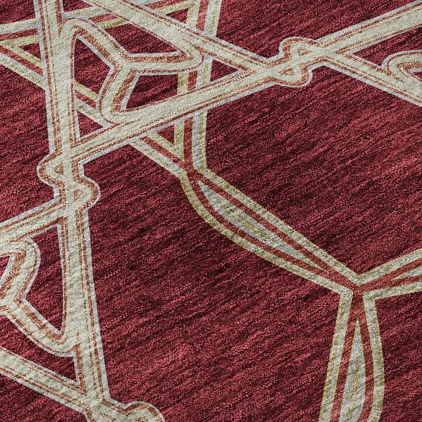 8' Burgundy And Gray Geometric Washable Round Rug With UV Protection Photo 7