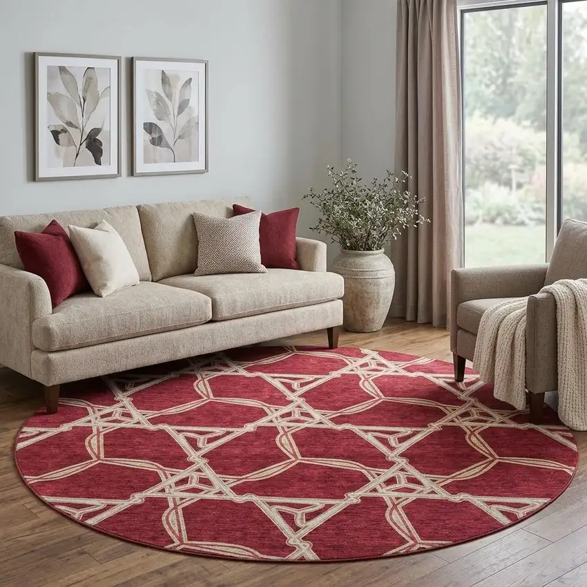 8' Burgundy And Gray Geometric Washable Round Rug With UV Protection Photo 1