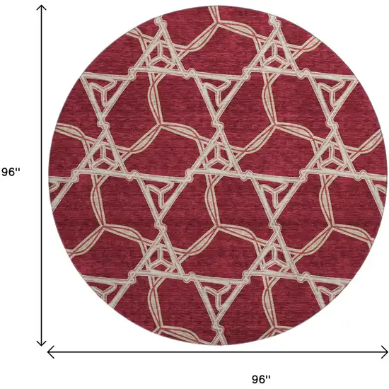 8' Burgundy And Gray Geometric Washable Round Rug With UV Protection Photo 8