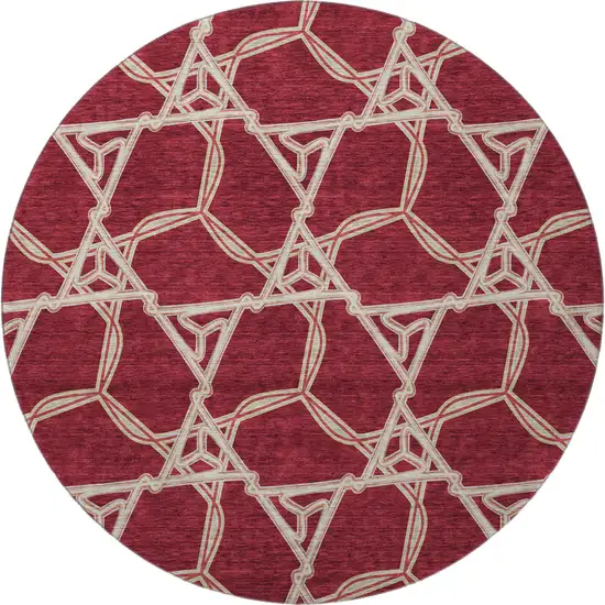 8' Burgundy And Gray Geometric Washable Round Rug With UV Protection Photo 2