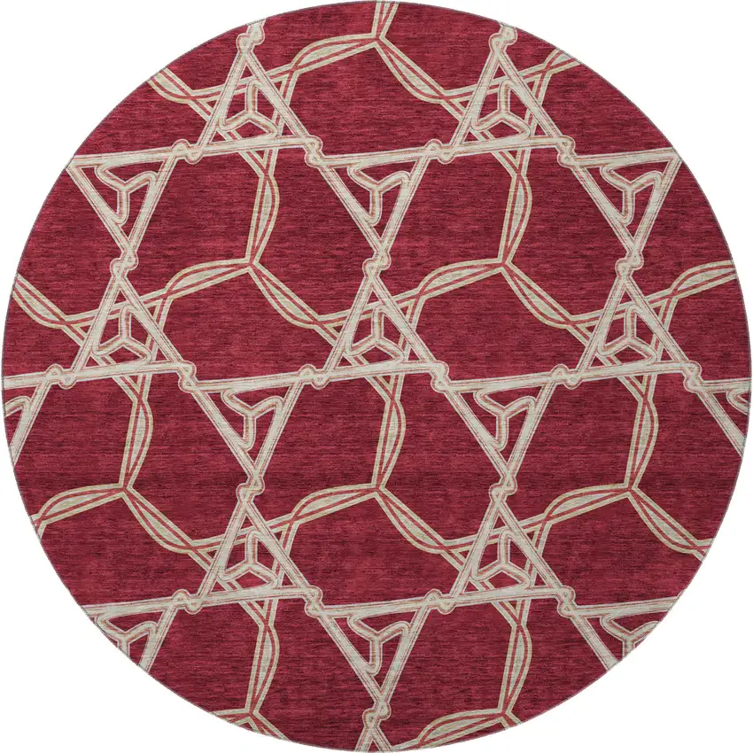 8' Burgundy And Gray Geometric Washable Round Rug With UV Protection Photo 2