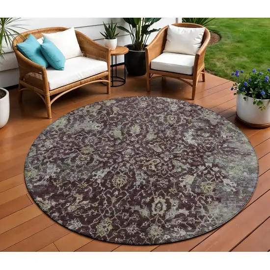 8' Burgundy And Gray Round Damask Washable Indoor Outdoor Area Rug Photo 1