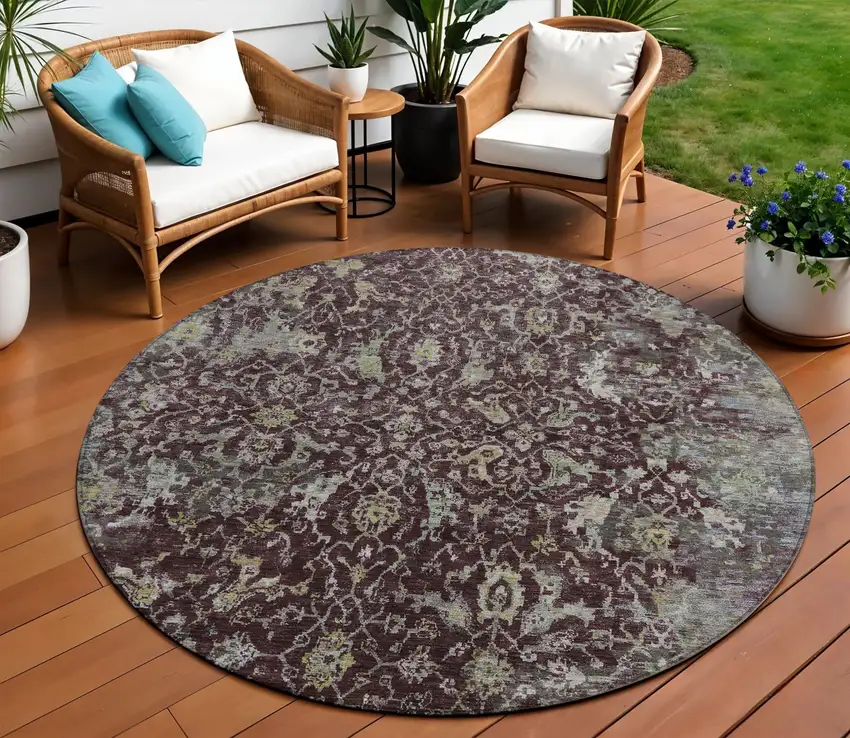8' Burgundy And Gray Round Damask Washable Indoor Outdoor Area Rug Photo 1