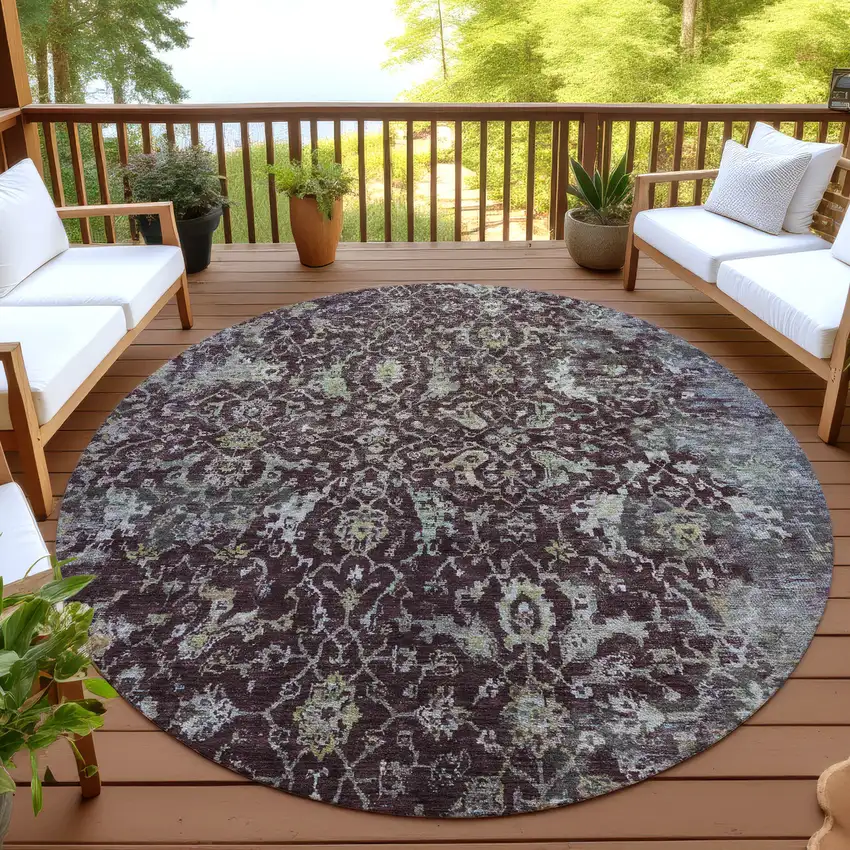 8' Burgundy And Gray Round Damask Washable Indoor Outdoor Area Rug Photo 4