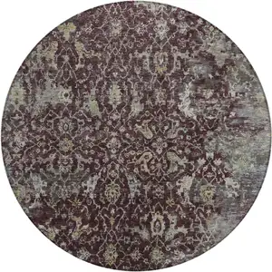 Photo of 8' Burgundy And Gray Round Damask Washable Indoor Outdoor Area Rug