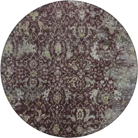 8' Burgundy And Gray Round Damask Washable Indoor Outdoor Area Rug Photo 1
