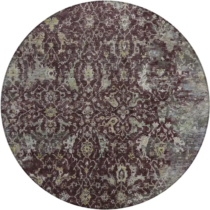 8' Burgundy And Gray Round Damask Washable Indoor Outdoor Area Rug Photo 1