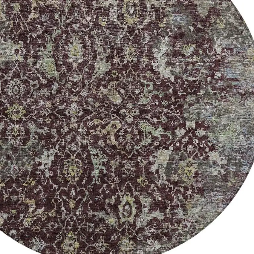 8' Burgundy And Gray Round Damask Washable Indoor Outdoor Area Rug Photo 2