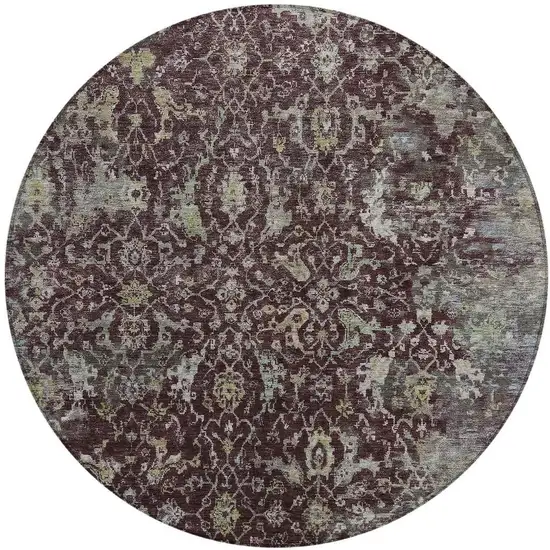 8' Burgundy And Gray Round Damask Washable Indoor Outdoor Area Rug Photo 3