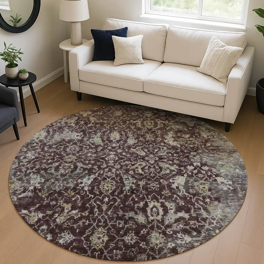 8' Burgundy And Gray Round Damask Washable Indoor Outdoor Area Rug Photo 5