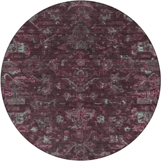 8' Burgundy And Gray Round Medallion Washable Indoor Outdoor Area Rug Photo 2