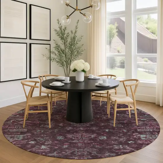 8' Burgundy And Gray Round Medallion Washable Indoor Outdoor Area Rug Photo 9