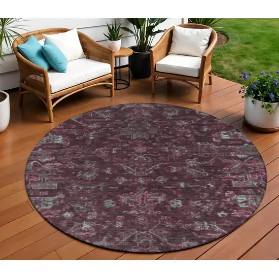 8' Burgundy And Gray Round Medallion Washable Indoor Outdoor Area Rug Photo 1