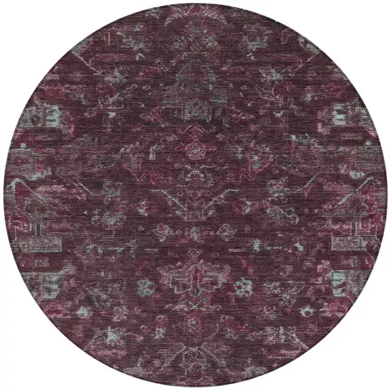 8' Burgundy And Gray Round Medallion Washable Indoor Outdoor Area Rug Photo 4
