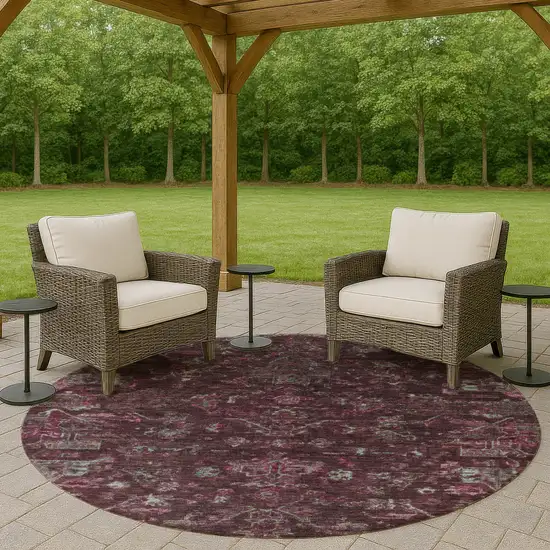 8' Burgundy And Gray Round Medallion Washable Indoor Outdoor Area Rug Photo 8