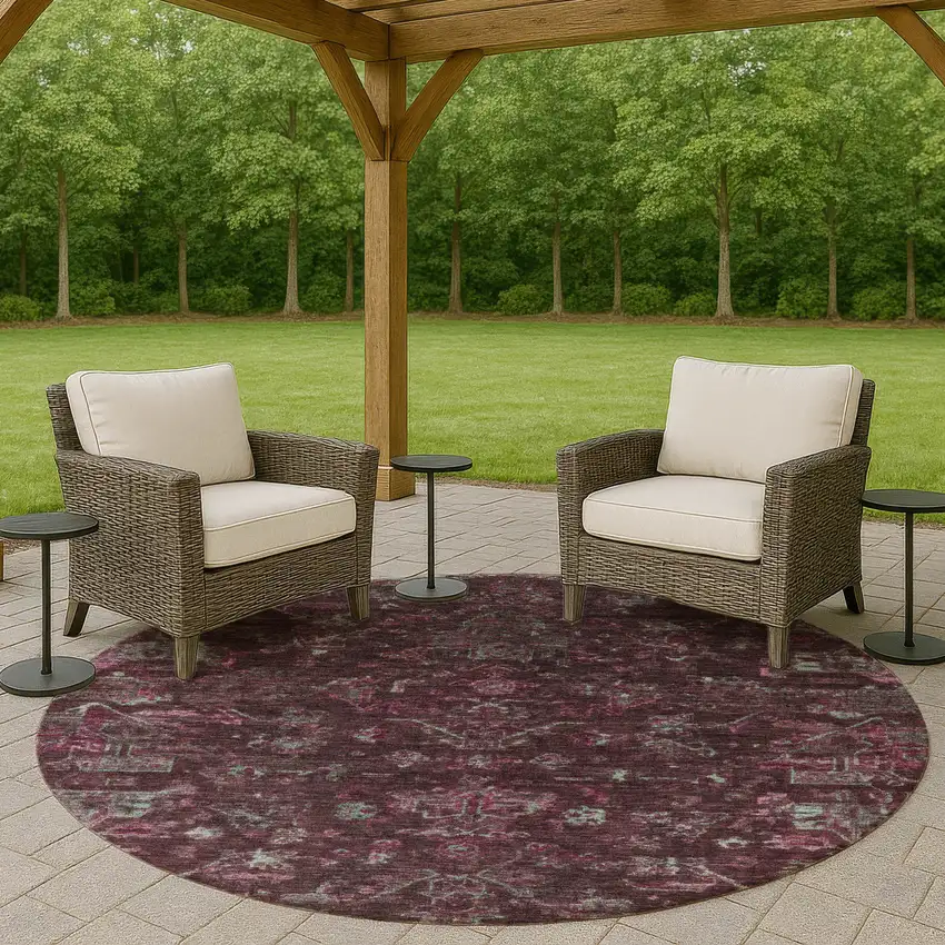 8' Burgundy And Gray Round Medallion Washable Indoor Outdoor Area Rug Photo 8