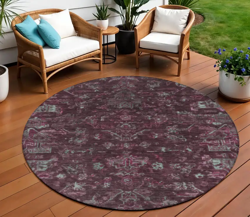 8' Burgundy And Gray Round Medallion Washable Indoor Outdoor Area Rug Photo 1