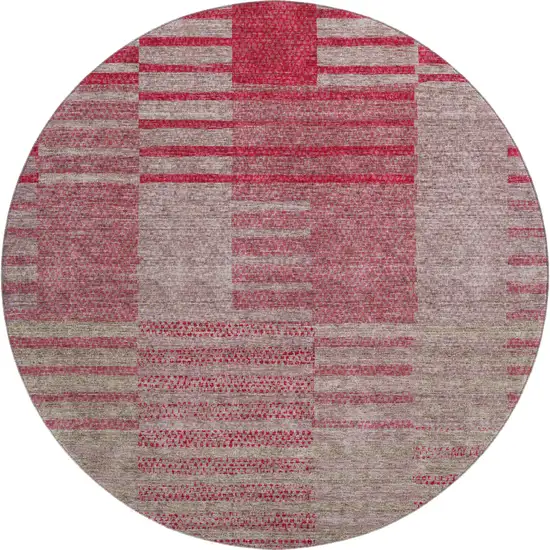 8' Burgundy And Gray Striped Washable Round Rug With UV Protection Photo 1
